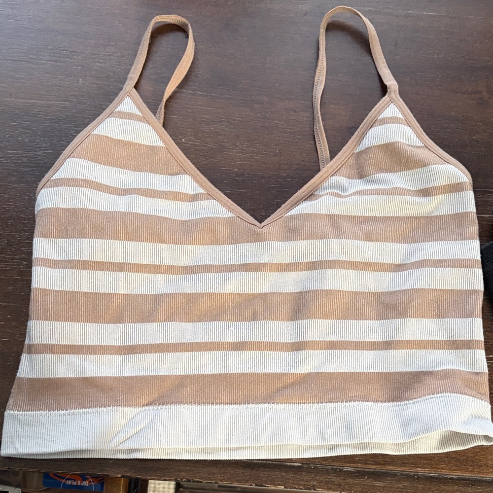 Garage Tan and White Striped Crop Tank Top